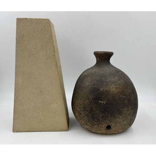 352 - Mid century studio pottery to include a coffin shaped vase in brown hues 29cm high marked 59 JW and ... 