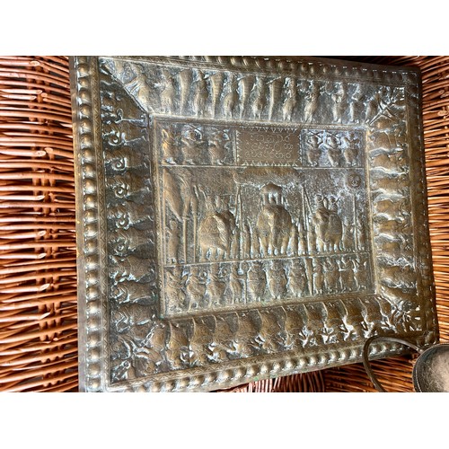 1395 - A wicker picnic basket and contents to include button hook, vesta case, brass Indian tray with eleph... 