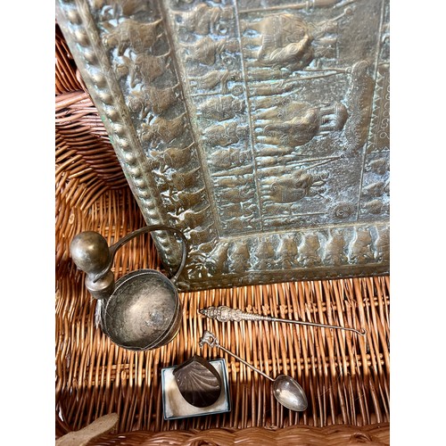 1395 - A wicker picnic basket and contents to include button hook, vesta case, brass Indian tray with eleph... 