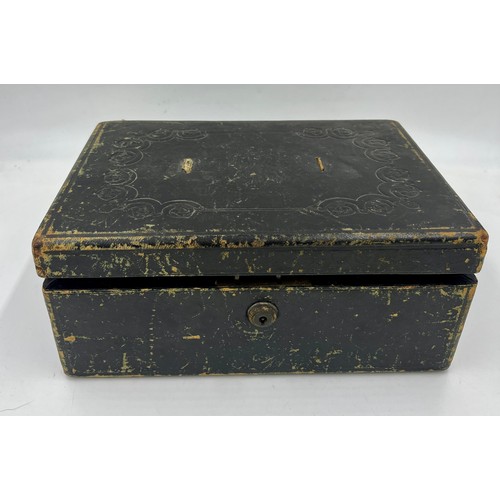 511 - A 19thC jewellery box and contents to include brooches, necklaces, badges etc.