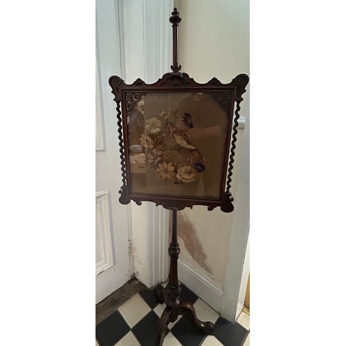 97 - A 19thC rosewood pole fire screen with framed plush work tapestry 460cm pole length with frame 47cm ... 