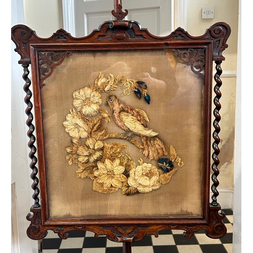 97 - A 19thC rosewood pole fire screen with framed plush work tapestry 460cm pole length with frame 47cm ... 