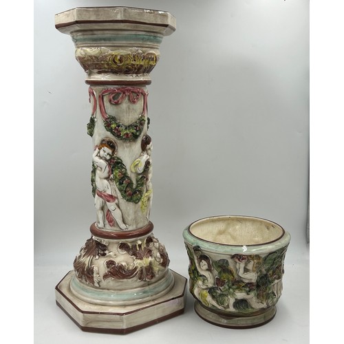 349 - A Capodimonte jardinière (63cm) and planter (19cm) total height 82cm with makers mark to base.