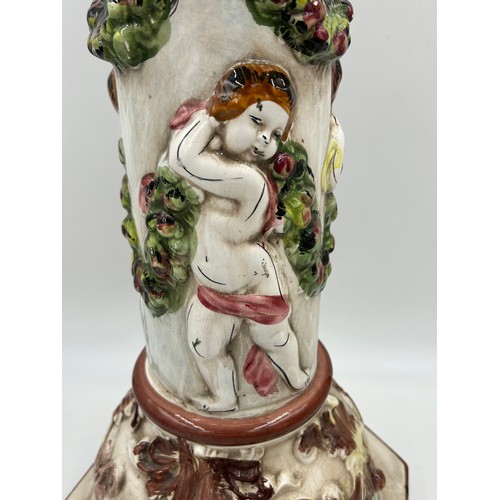 349 - A Capodimonte jardinière (63cm) and planter (19cm) total height 82cm with makers mark to base.