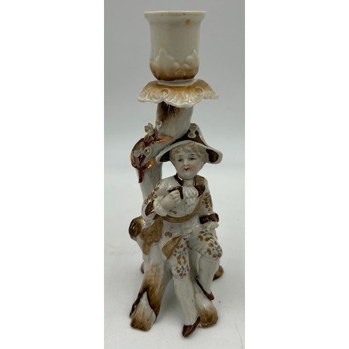 311 - Five early 20thC figurines to include a Dresden 'Mother & Child' with harp 18cm h with mark to base,... 