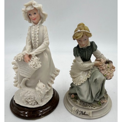 311 - Five early 20thC figurines to include a Dresden 'Mother & Child' with harp 18cm h with mark to base,... 