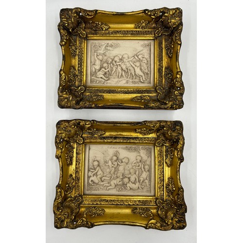 1528 - A pair of carved marble panels depicting neoclassical scenes one signed G. Andreoni 1875 in gilt flo... 