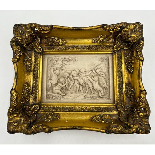 1528 - A pair of carved marble panels depicting neoclassical scenes one signed G. Andreoni 1875 in gilt flo... 