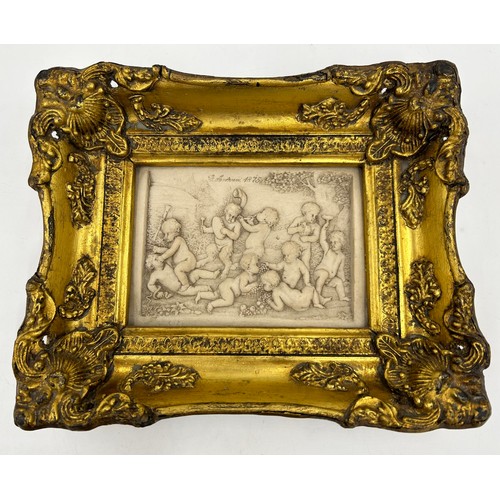 1528 - A pair of carved marble panels depicting neoclassical scenes one signed G. Andreoni 1875 in gilt flo... 