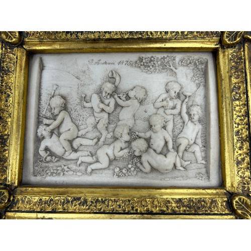 1528 - A pair of carved marble panels depicting neoclassical scenes one signed G. Andreoni 1875 in gilt flo... 