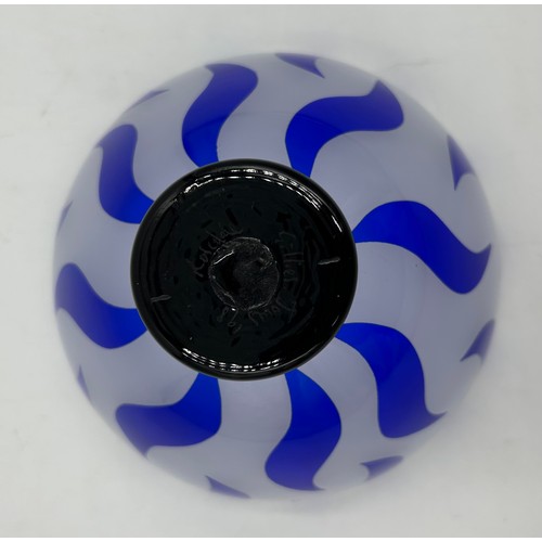 488 - Gillies Jones of Rosedale glass bowl decorated with cobalt blue wave design on a short black taperin... 