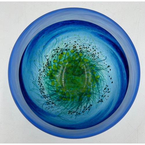 491 - A Malcolm Sutcliffe studio glass vase of seascape and dune meadow. Approx. 13cm h x 16.5cm diameter.