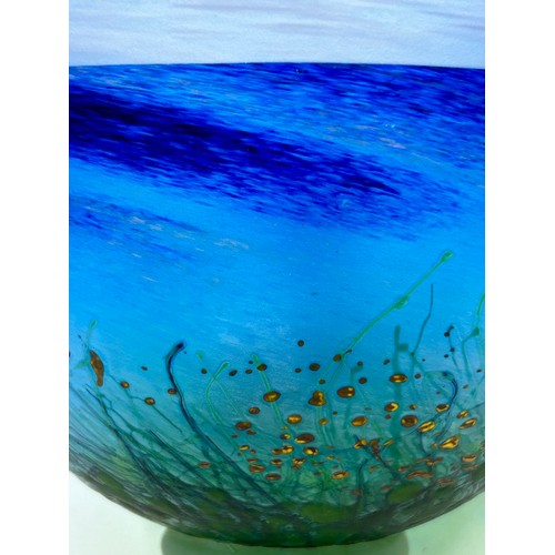 491 - A Malcolm Sutcliffe studio glass vase of seascape and dune meadow. Approx. 13cm h x 16.5cm diameter.