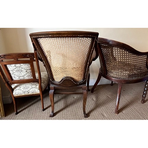 73 - Two caned back armchairs and an inlaid rosewood nursing chair.  Caned back chairs 80, 85cm h, nursin... 