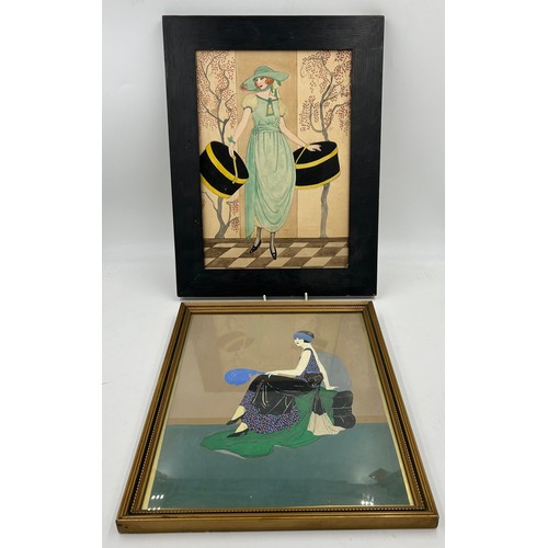 1532 - Two 1920's fashion illustrations. One pen and ink with lady and hat boxes image 34cm x 24.5cm togeth... 