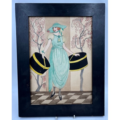 1532 - Two 1920's fashion illustrations. One pen and ink with lady and hat boxes image 34cm x 24.5cm togeth... 