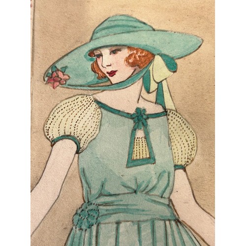 1532 - Two 1920's fashion illustrations. One pen and ink with lady and hat boxes image 34cm x 24.5cm togeth... 