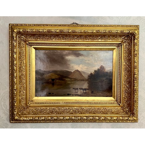 1535 - Oil on canvas ‘Cattle at waters edge’ signed James Robert’s 1888 L.R Image size 29cm x 49.5cm. Frame... 