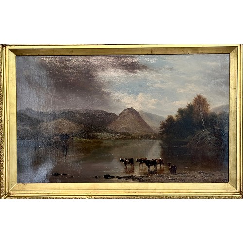 1535 - Oil on canvas ‘Cattle at waters edge’ signed James Robert’s 1888 L.R Image size 29cm x 49.5cm. Frame... 