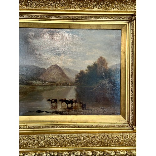 1535 - Oil on canvas ‘Cattle at waters edge’ signed James Robert’s 1888 L.R Image size 29cm x 49.5cm. Frame... 