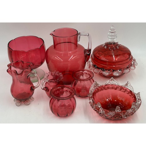 484 - A quantity of glass, mainly 19thC to include a 'Unity & Love' rolling pin, cranberry jugs etc, 2 x c... 