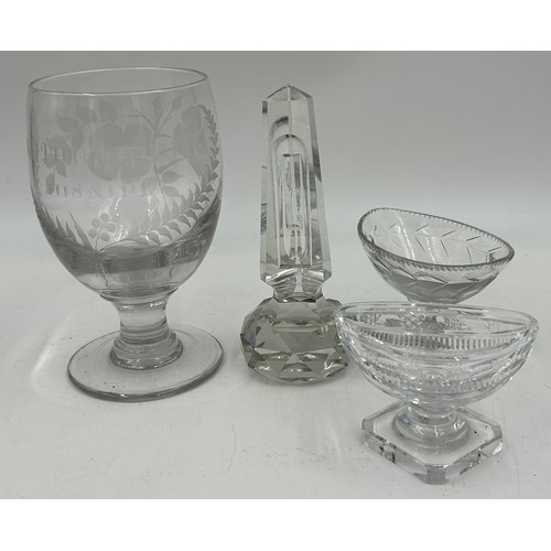 484 - A quantity of glass, mainly 19thC to include a 'Unity & Love' rolling pin, cranberry jugs etc, 2 x c... 