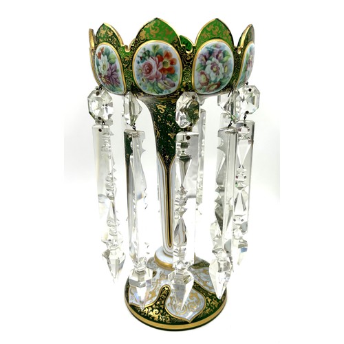 487 - A pair of good quality late 19thC Bohemian green and gilt glass lustres with white overlay panels to... 