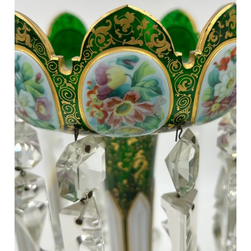 487 - A pair of good quality late 19thC Bohemian green and gilt glass lustres with white overlay panels to... 