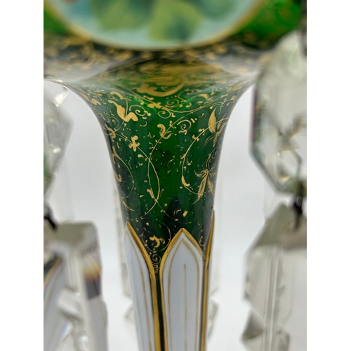 487 - A pair of good quality late 19thC Bohemian green and gilt glass lustres with white overlay panels to... 