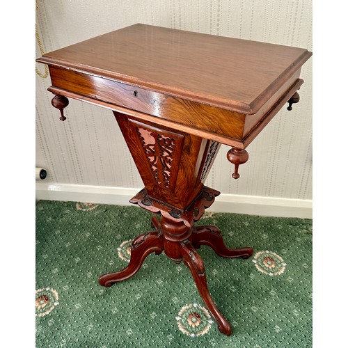 88 - A 19thC mahogany work table on quad base. 48cm w x 36cm d x 72cm h.