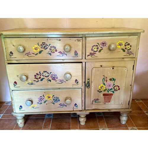 89 - A 19thC pine dresser with later painted decoration. 104cm w x 43cm d x 83cm h.