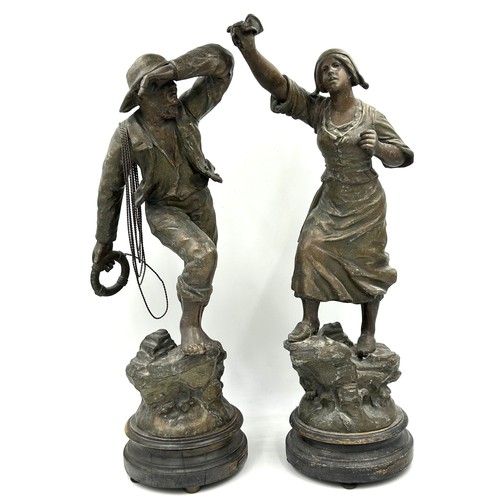 1383 - A pair of French male and female spelter figures, signed Mestais, titled Rescue and Distress, raised... 