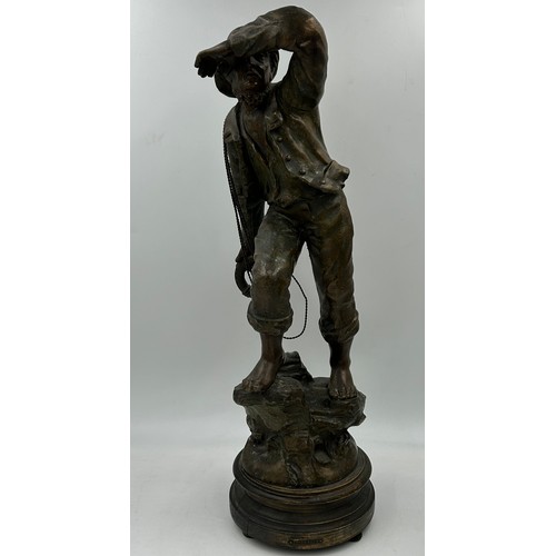 1383 - A pair of French male and female spelter figures, signed Mestais, titled Rescue and Distress, raised... 