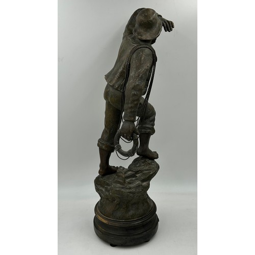 1383 - A pair of French male and female spelter figures, signed Mestais, titled Rescue and Distress, raised... 