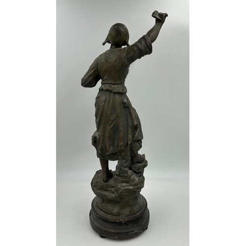 1383 - A pair of French male and female spelter figures, signed Mestais, titled Rescue and Distress, raised... 