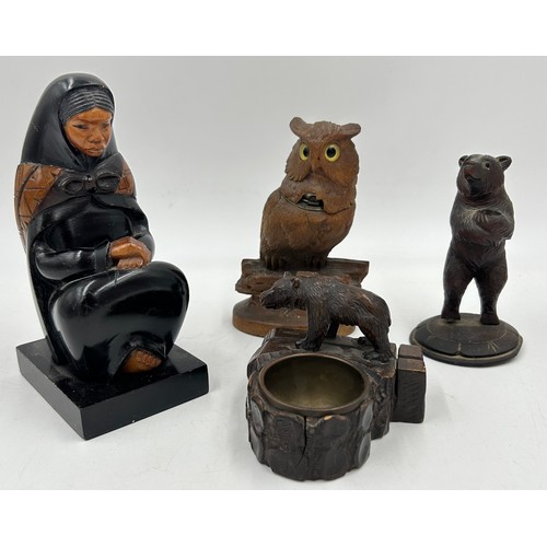 1384 - Three Black Forest carved items to include an inkwell in the form of an owl with glass eyes 15cm h, ... 