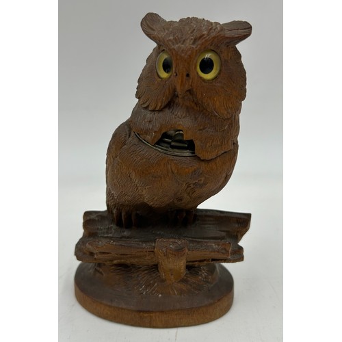 1384 - Three Black Forest carved items to include an inkwell in the form of an owl with glass eyes 15cm h, ... 