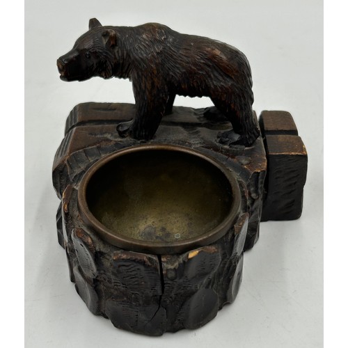 1384 - Three Black Forest carved items to include an inkwell in the form of an owl with glass eyes 15cm h, ... 