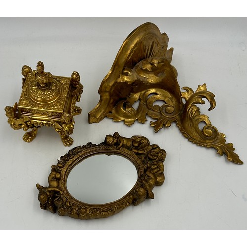 1385 - An ornate square gilt metal inkwell, approx. 9cm square together with a gilt Rococo style bracket 25... 