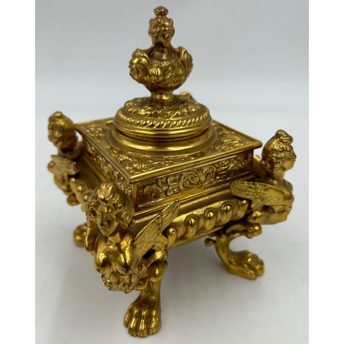 1385 - An ornate square gilt metal inkwell, approx. 9cm square together with a gilt Rococo style bracket 25... 