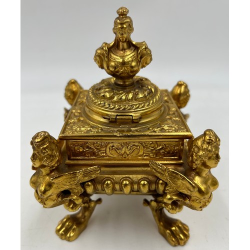 1385 - An ornate square gilt metal inkwell, approx. 9cm square together with a gilt Rococo style bracket 25... 