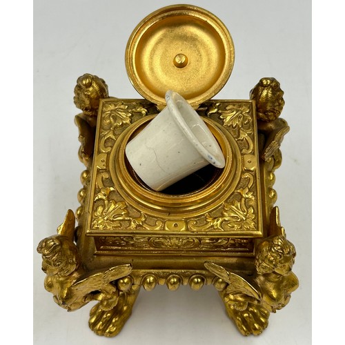 1385 - An ornate square gilt metal inkwell, approx. 9cm square together with a gilt Rococo style bracket 25... 