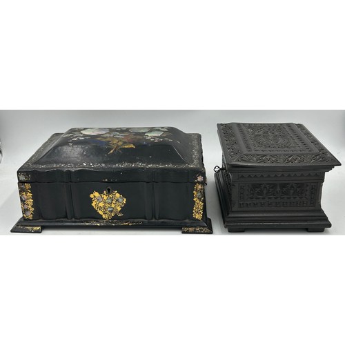 1386 - Two boxes : a papier-mâché sewing/jewellery box with gilt and mother of pearl embellishment raised o... 