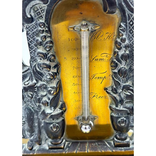 1390 - Metal items to include 19thC ornate brass desktop thermometer 18cm h, a cast iron bear, a pair of re... 