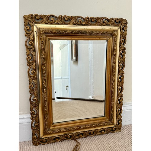 1394 - A 19thC marquetry topped cane 95cm together with a bevelled, gilt framed wall mirror 52 x 41.5cm.