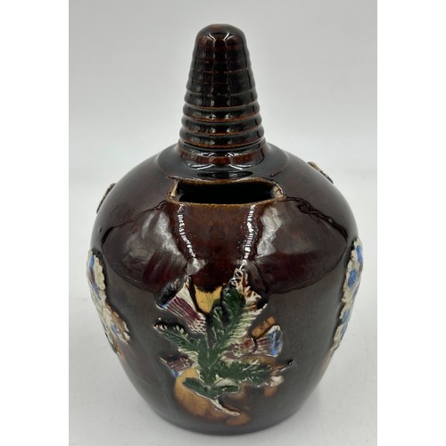 375 - A 19thC Measham Bargeware Money Box, baluster shaped with ribbed conical finial, inscribed Grace Wri... 