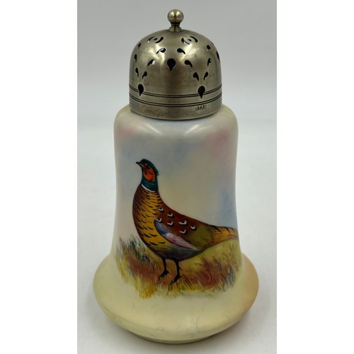 377 - Locke & Co, Worcester : sugar sifter signed W. Stinton, pattern no 1020/pheasant 14cm h and a gilt a... 