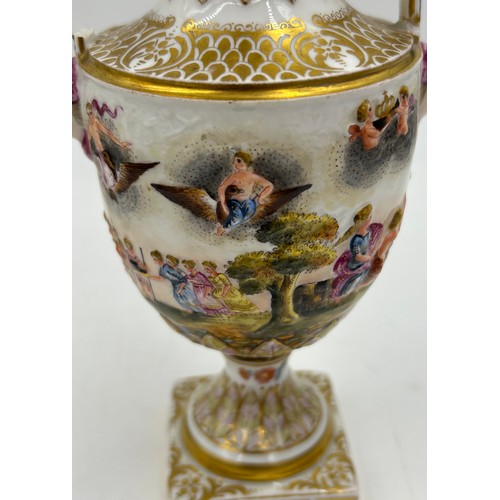 378 - Continental ceramics to include a Capodimonte urn shaped vase and cover with classical figures in re... 