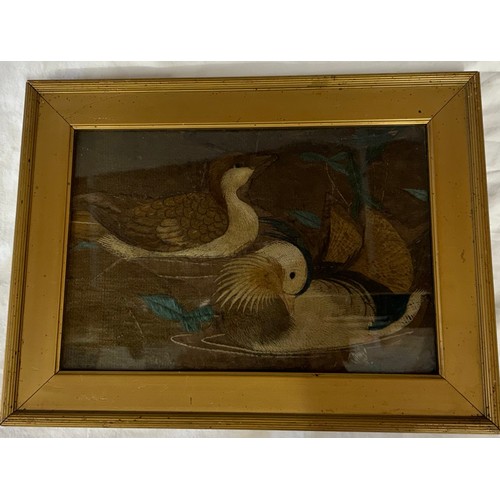 960 - A good quality early 19thC framed embroidered silk of Mandarin ducks, sight size 18 x 26cm together ... 