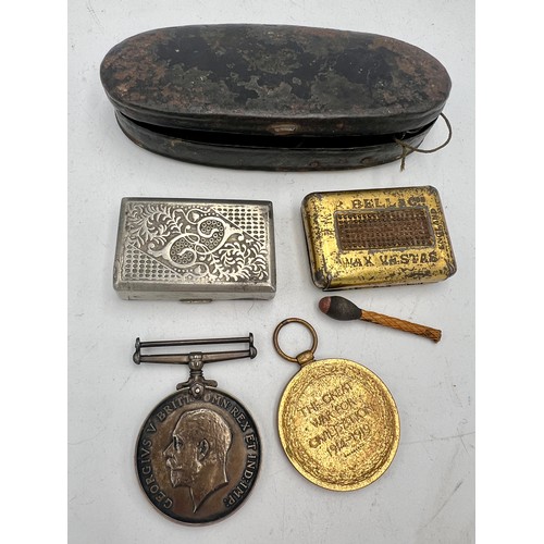 1146 - Two WWI medals for 79367 GNR. A. HUSCROFT. M.G.C, snuff box, vesta case and match and 19thC scales i... 